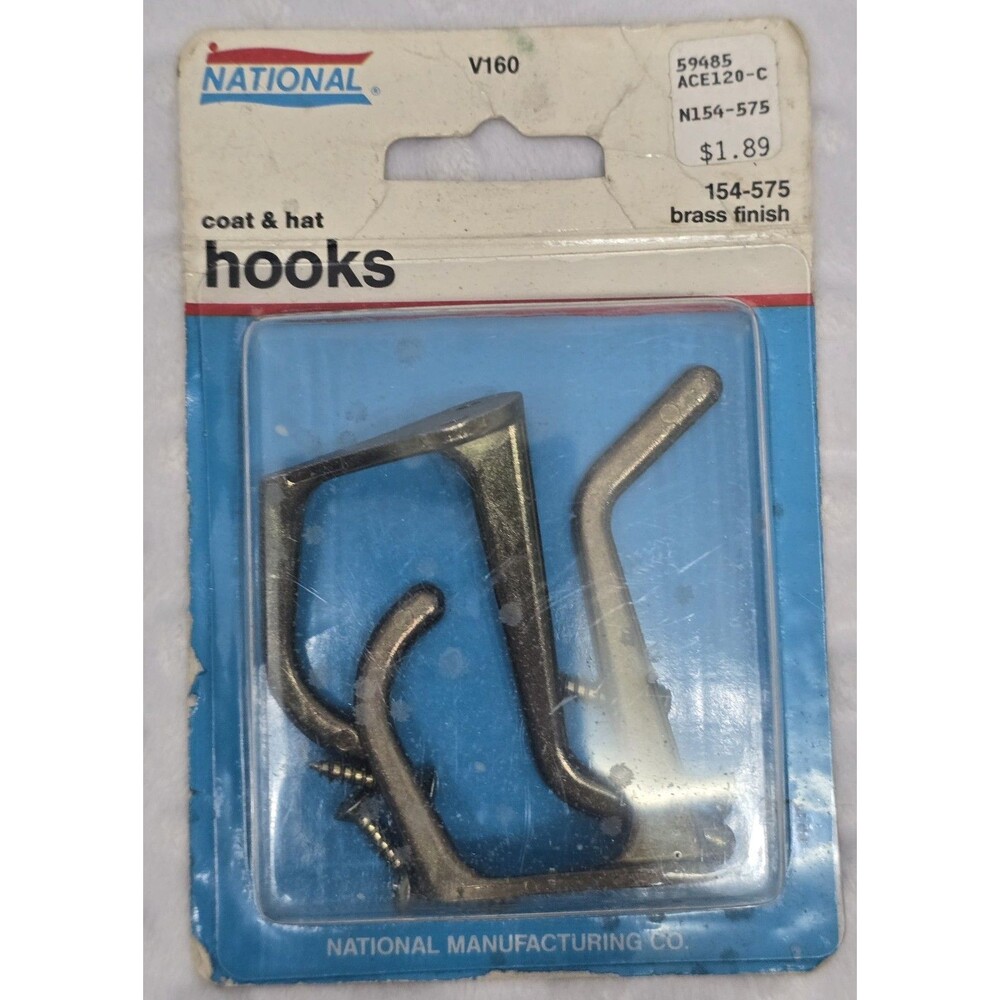 Vintage New National Traditional Coat Hat Hooks Brass Finish Gold 2-Pack Screws